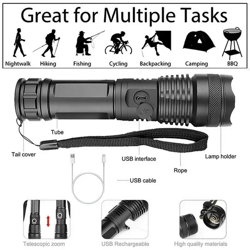고출력 XHP70 LED 손전등 USB-C 충전식 토치 - Outdoor Power Supply 리뷰 및 가격